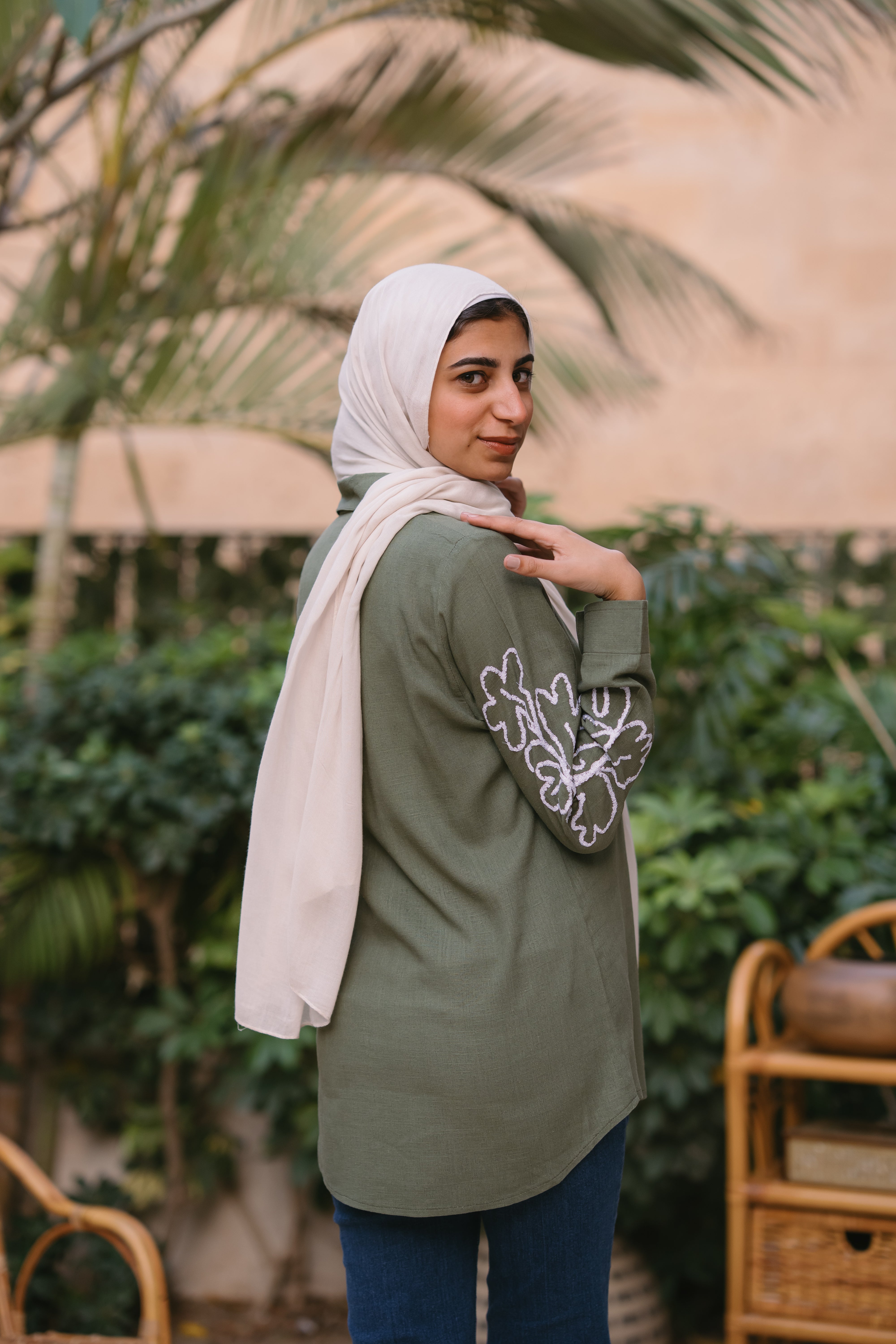 Nasaya embroidered sleeve pure linen shirt 