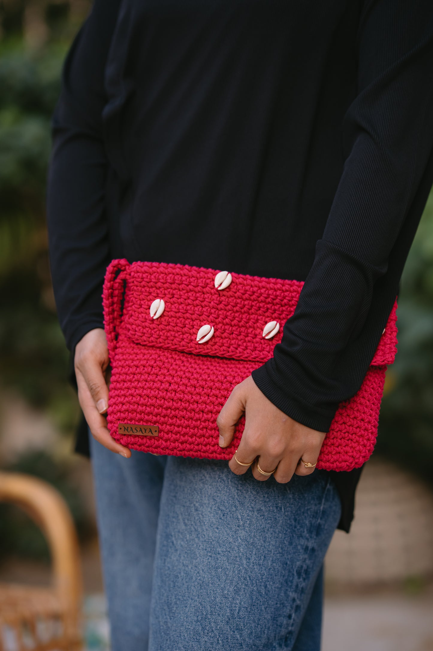 NASAYA Coastal crochet fuchsia clutch