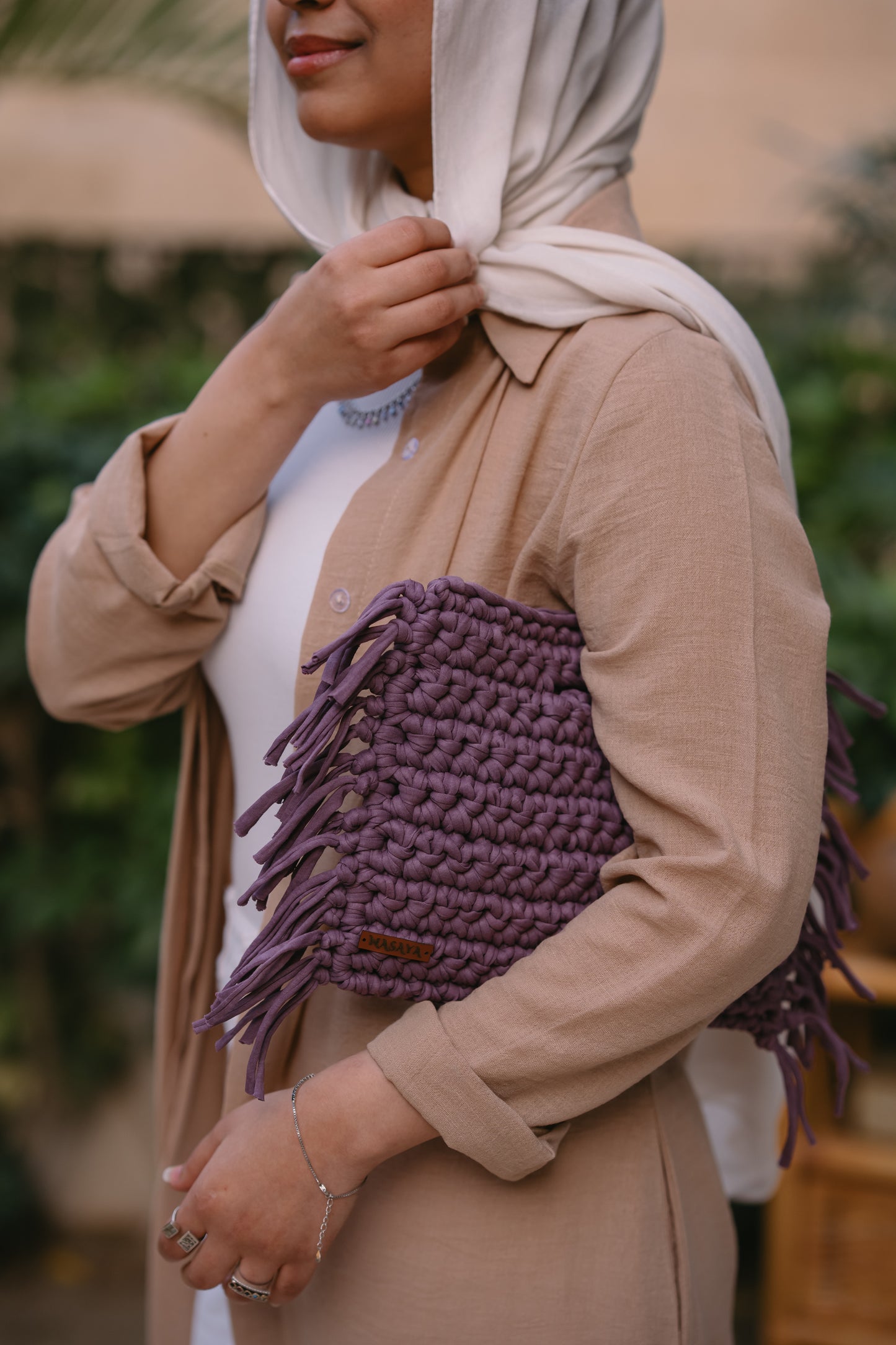 NASAYA Purple Crochet Fringe Clutch Bag
