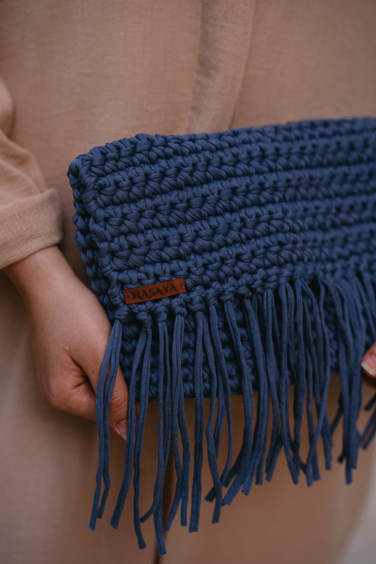 NASAYA Blue Crochet Fringe Clutch