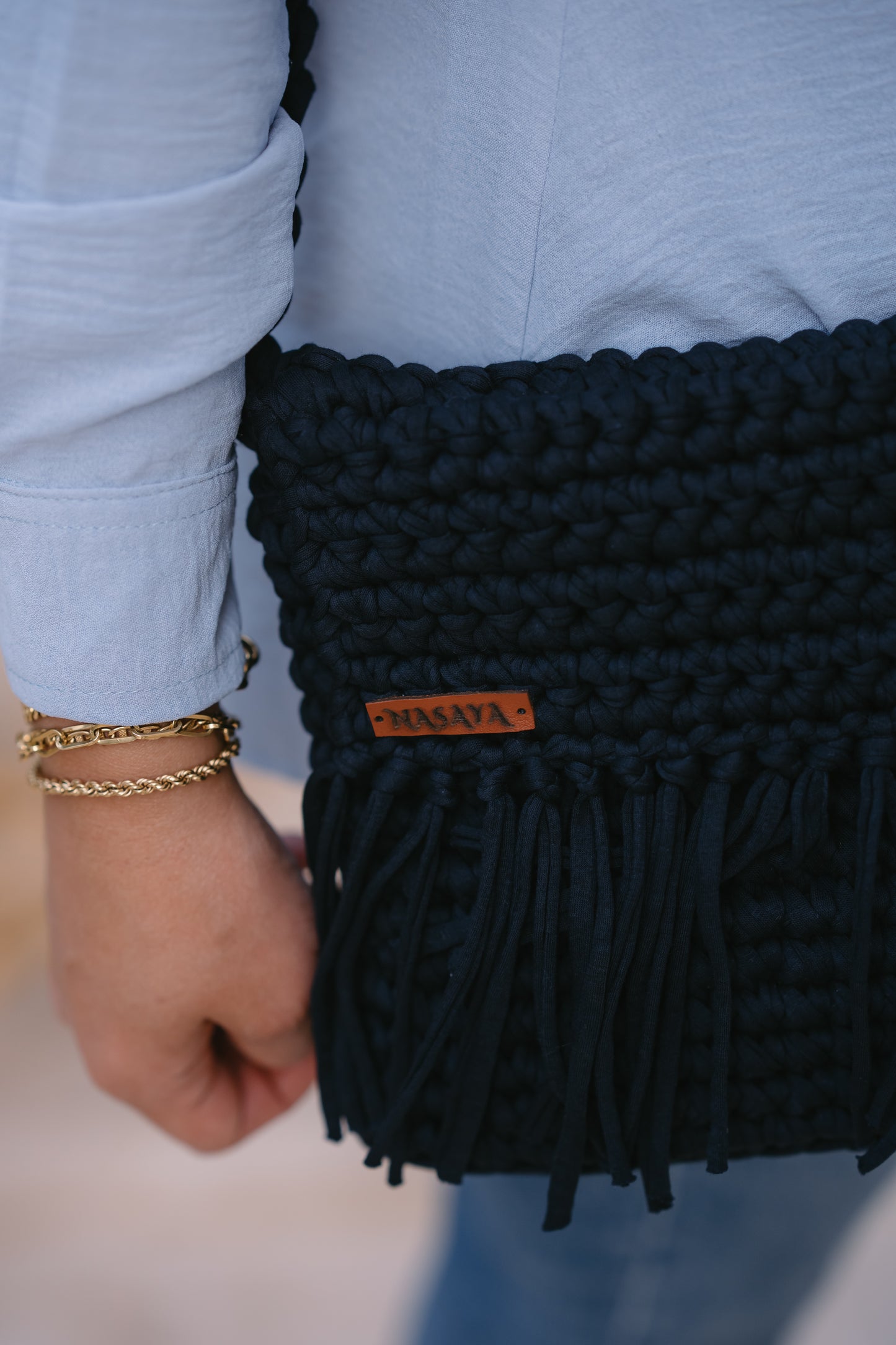 NASAYA Navy Crochet Fringe Crossbody Bag