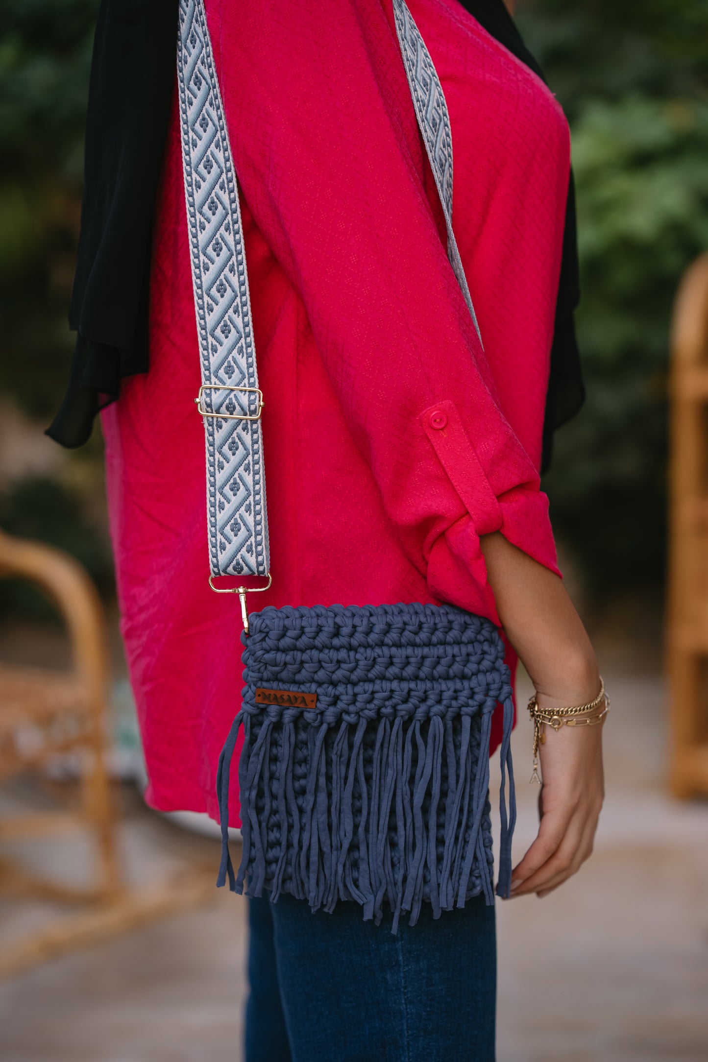 NASAYA Blue Crochet Fringe Crossbody Bag with Patterned Strap