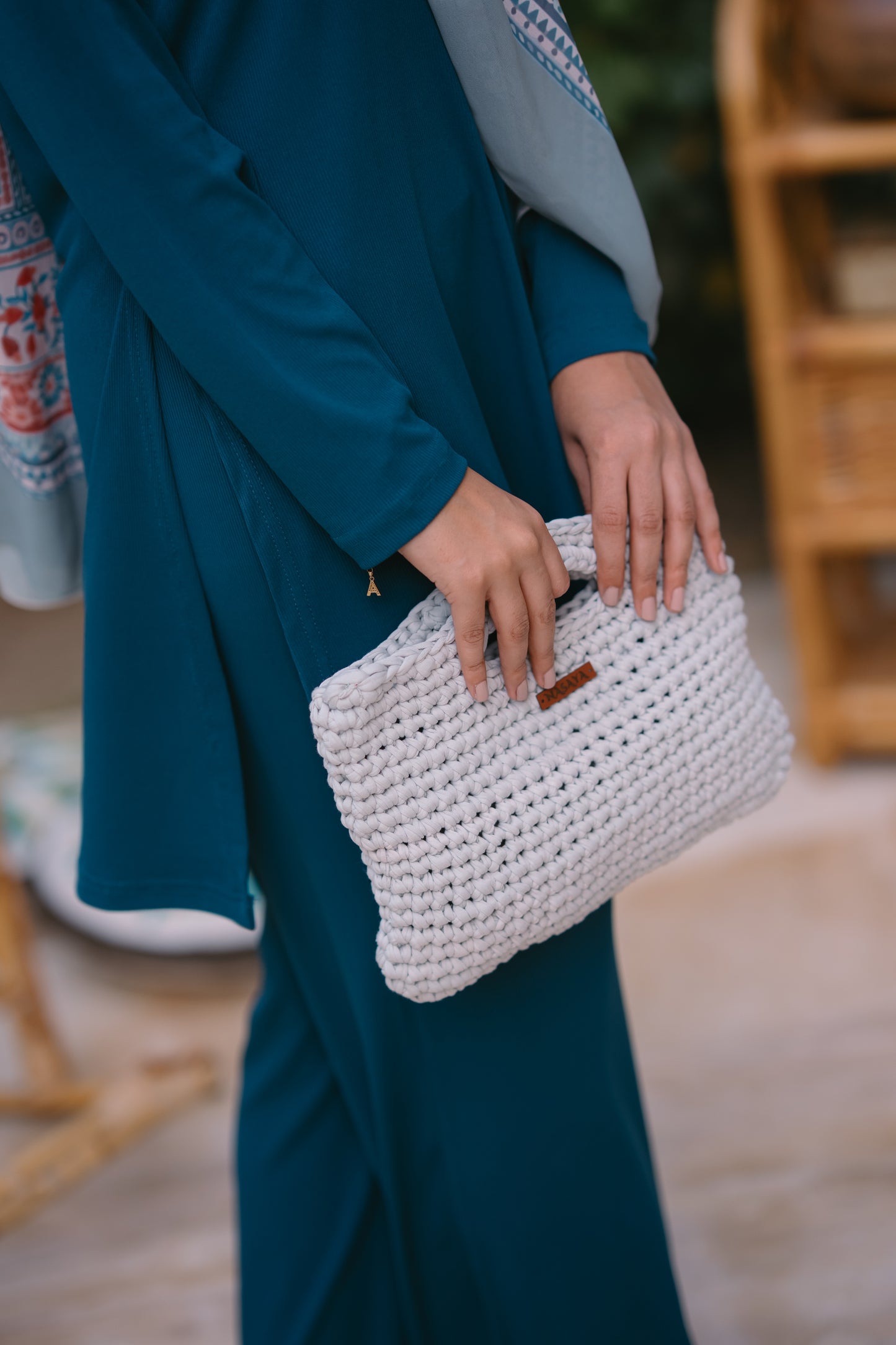 NASAYA Light Grey Crochet Fringe Clutch Bag