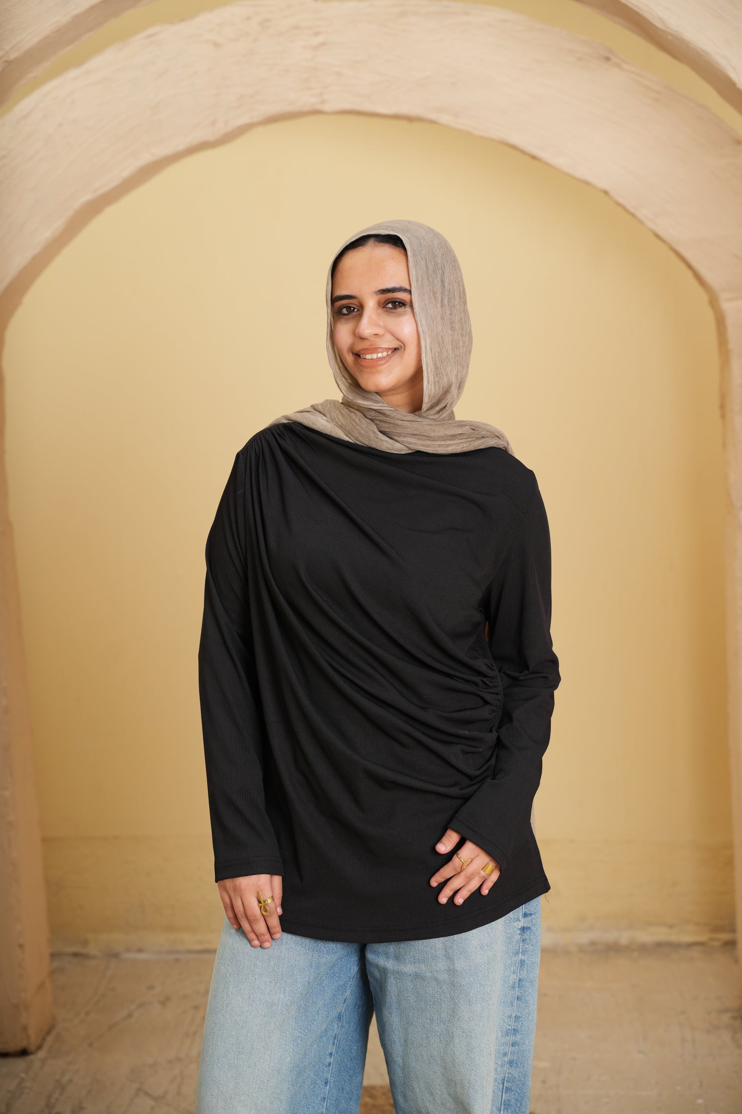 The Serene Side-Drape Ribbed Black Top