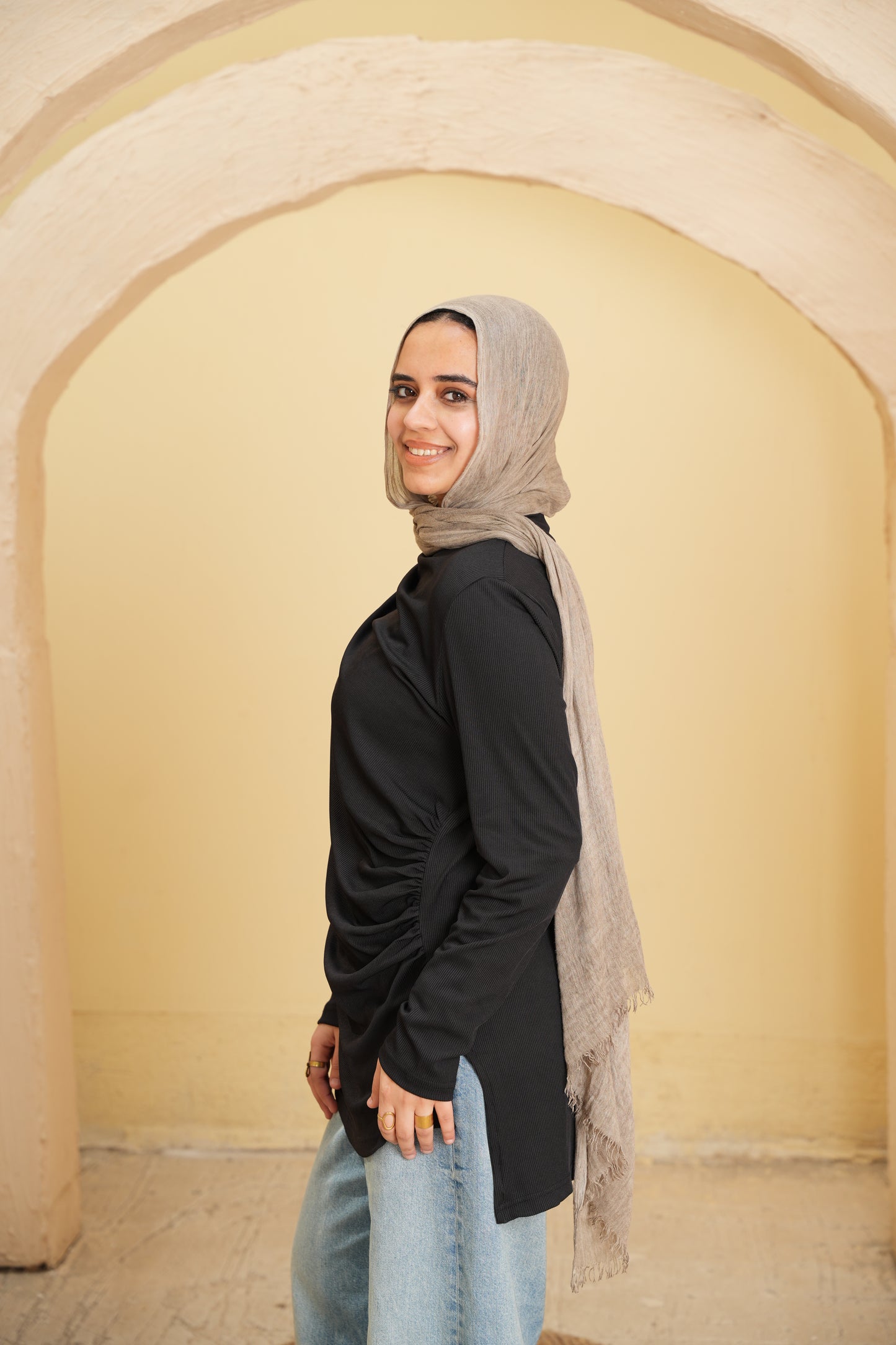 The Serene Side-Drape Ribbed Black Top