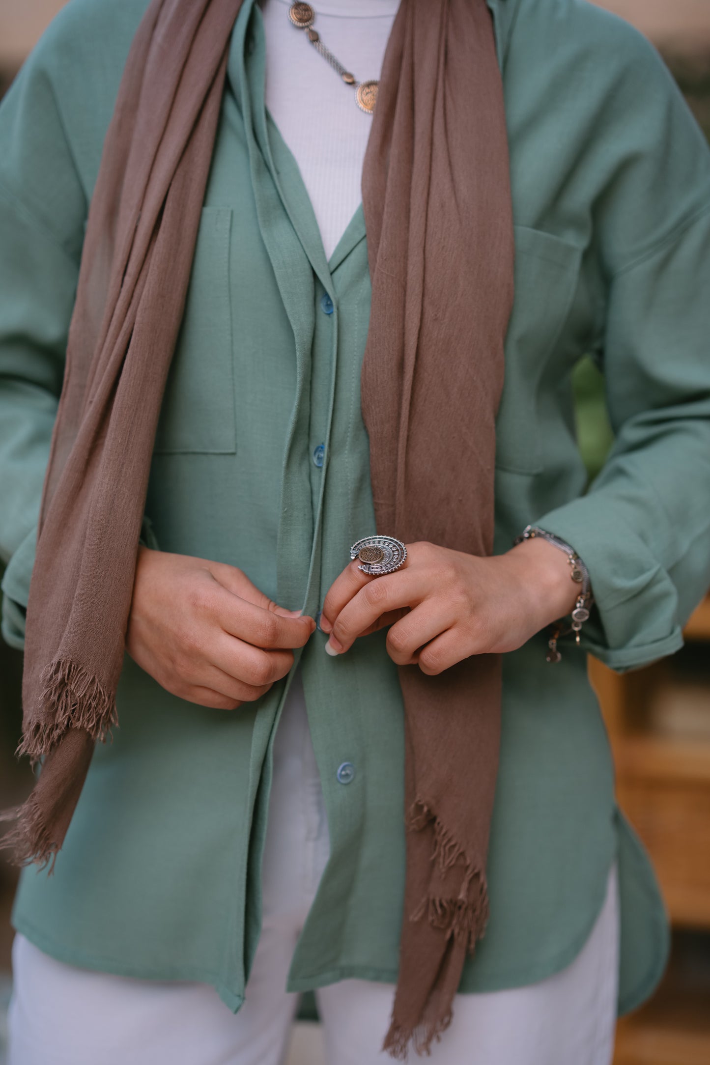 Nasaya casual loose linen dark pistachio shirt