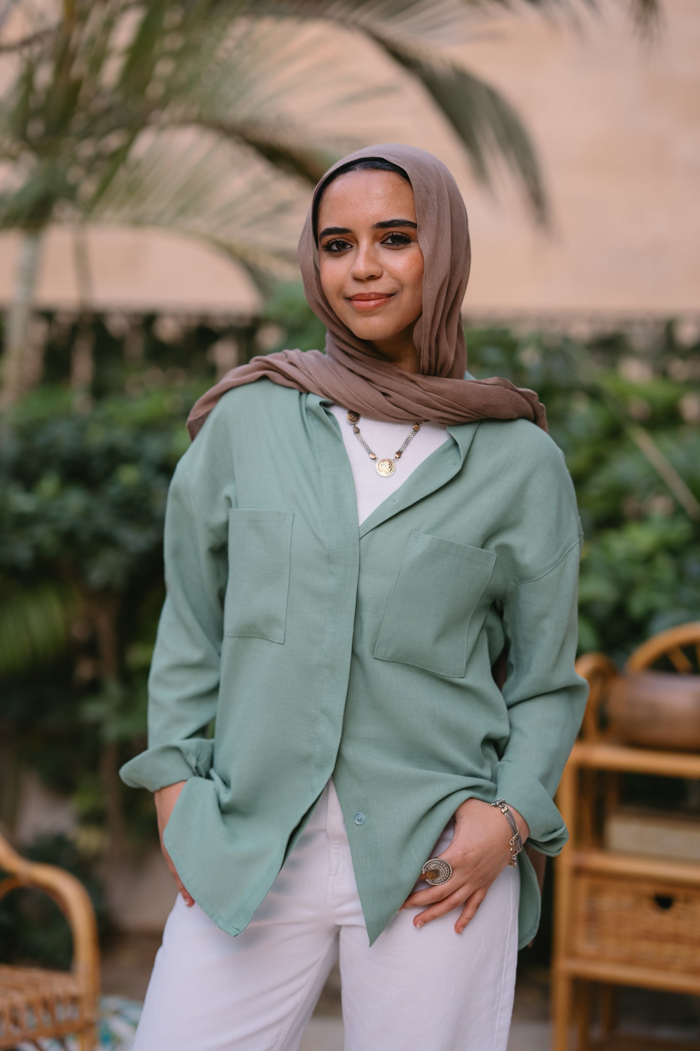 Nasaya casual loose linen dark pistachio shirt