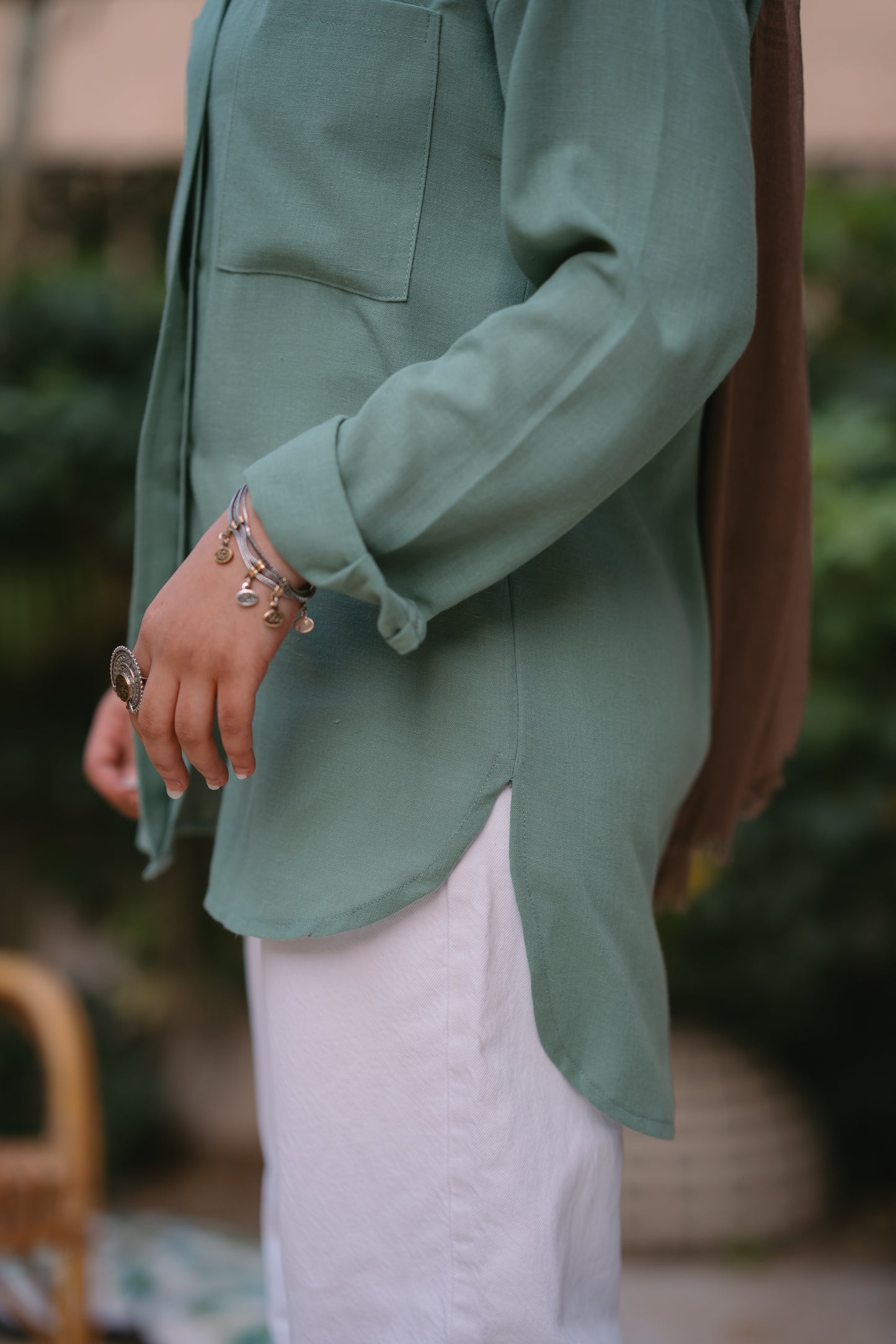 Nasaya casual loose linen dark pistachio shirt