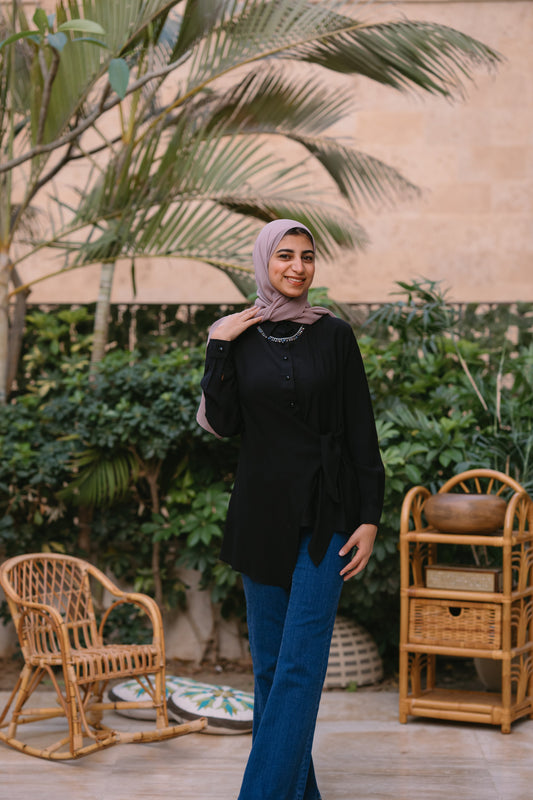 Nasaya left drape baby cotton black blouse