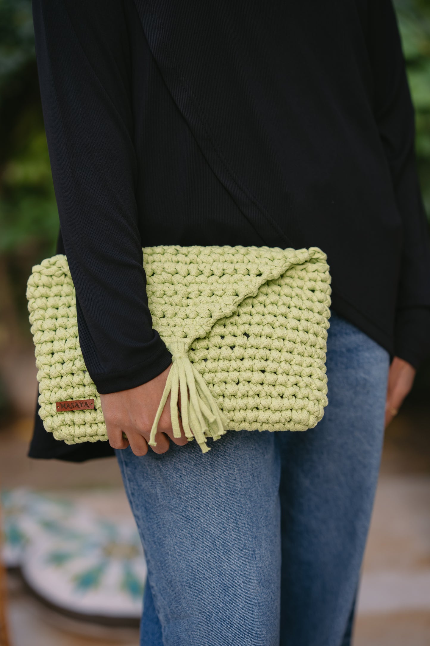 NASAYA Light Green Crochet Envelope Clutch
