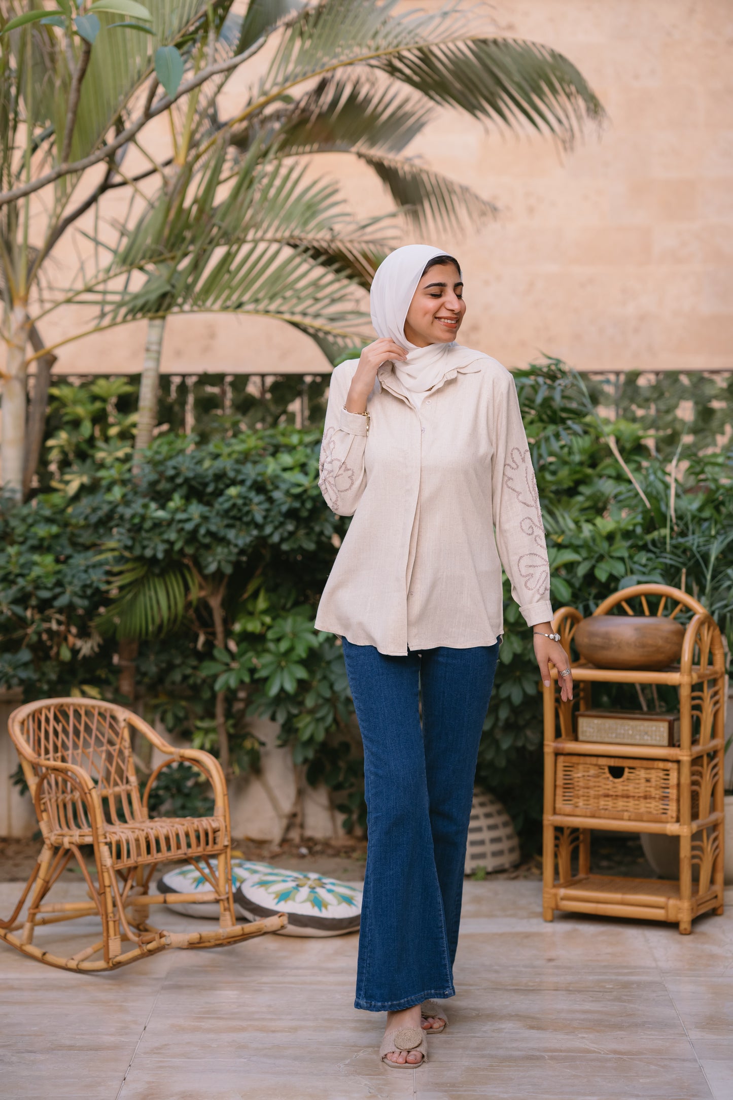 Nasaya embroidered sleeve pure linen beige shirt