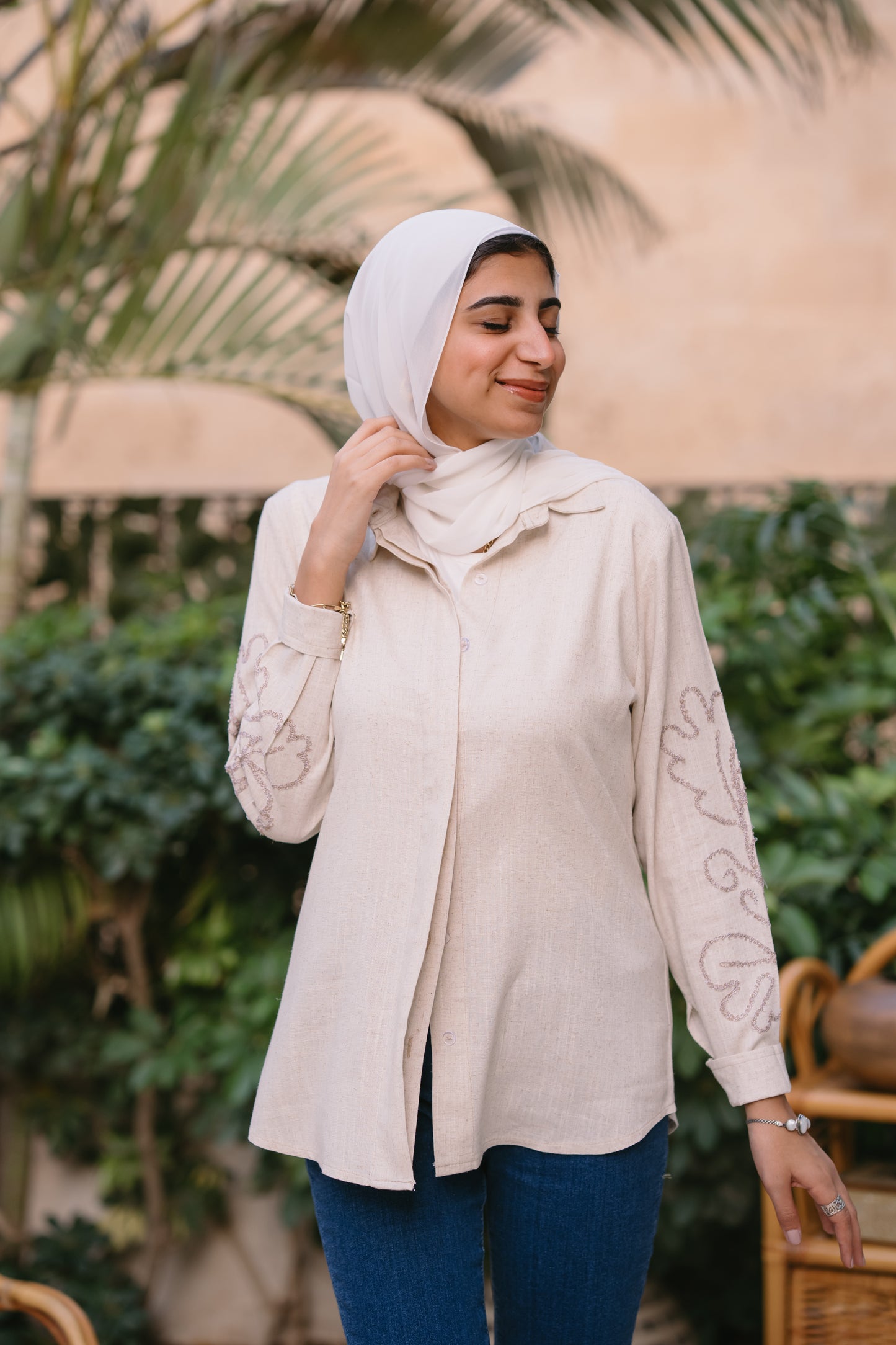 Nasaya embroidered sleeve pure linen beige shirt