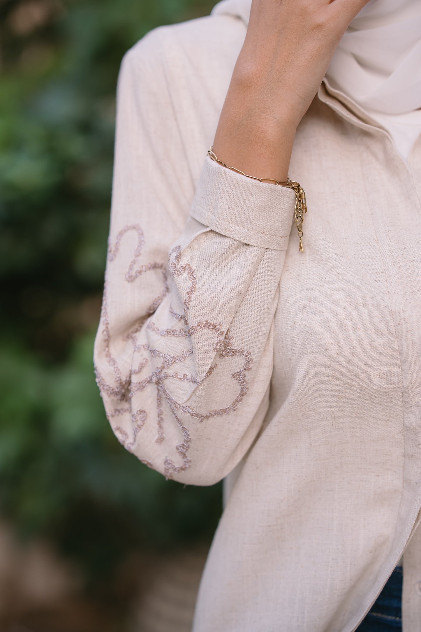 Nasaya embroidered sleeve pure linen beige shirt