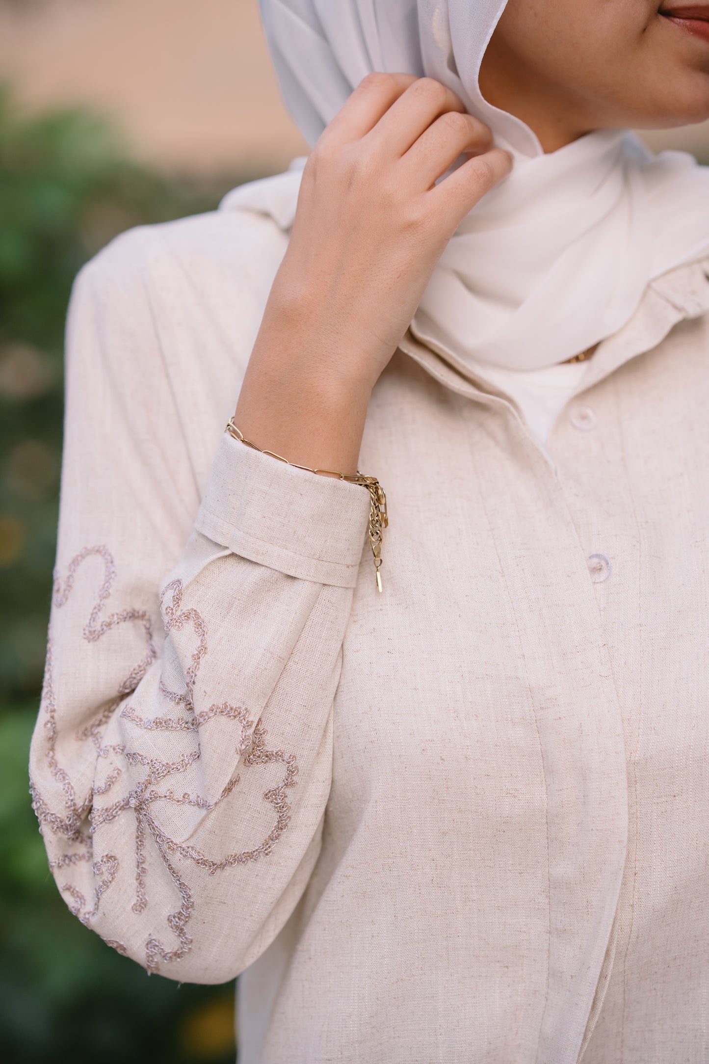 Nasaya embroidered sleeve pure linen beige shirt