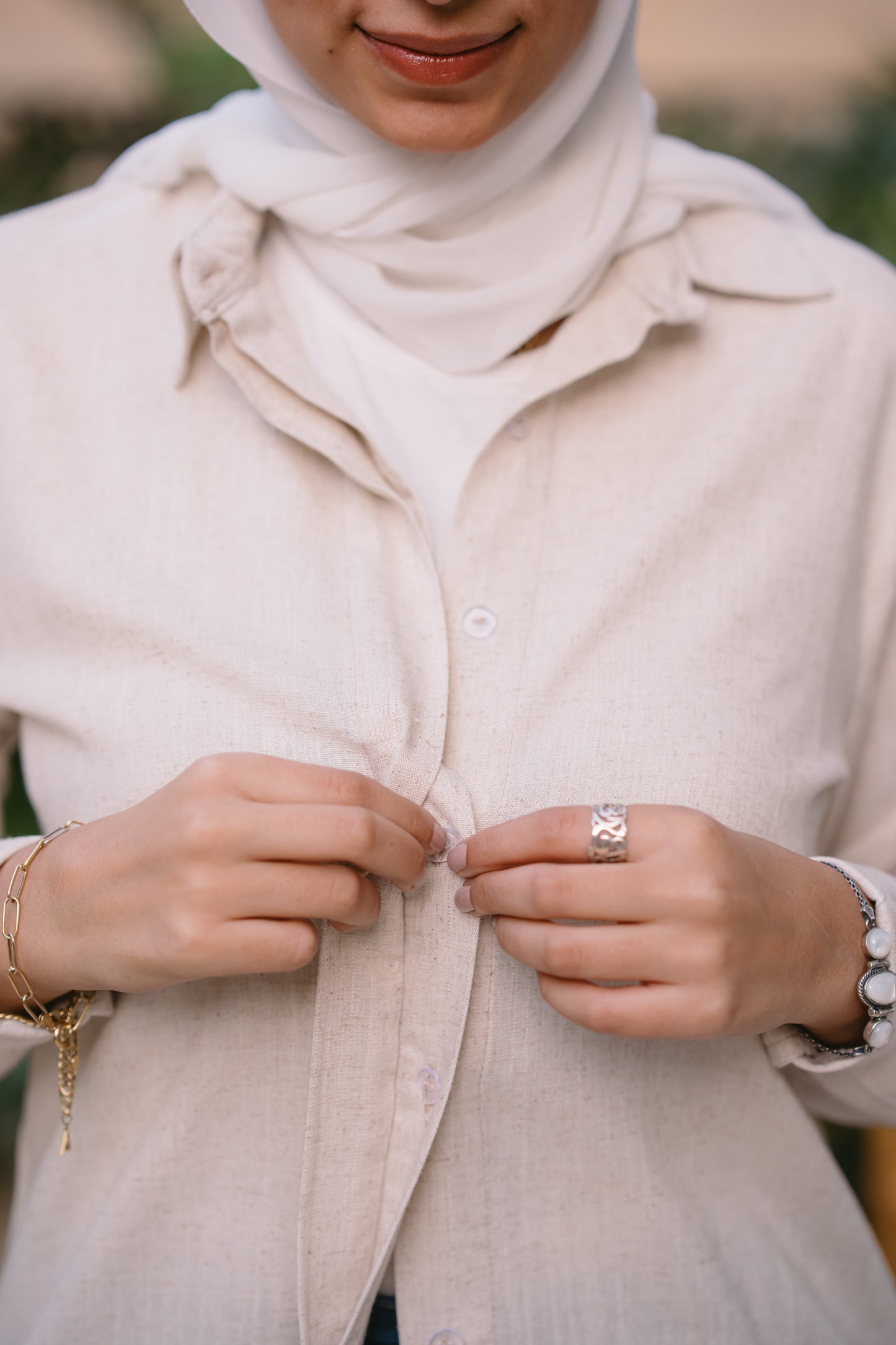 Nasaya embroidered sleeve pure linen beige shirt
