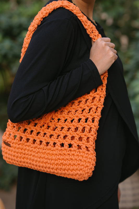 NASAYA Orange Open Knit Crochet Shoulder Bag