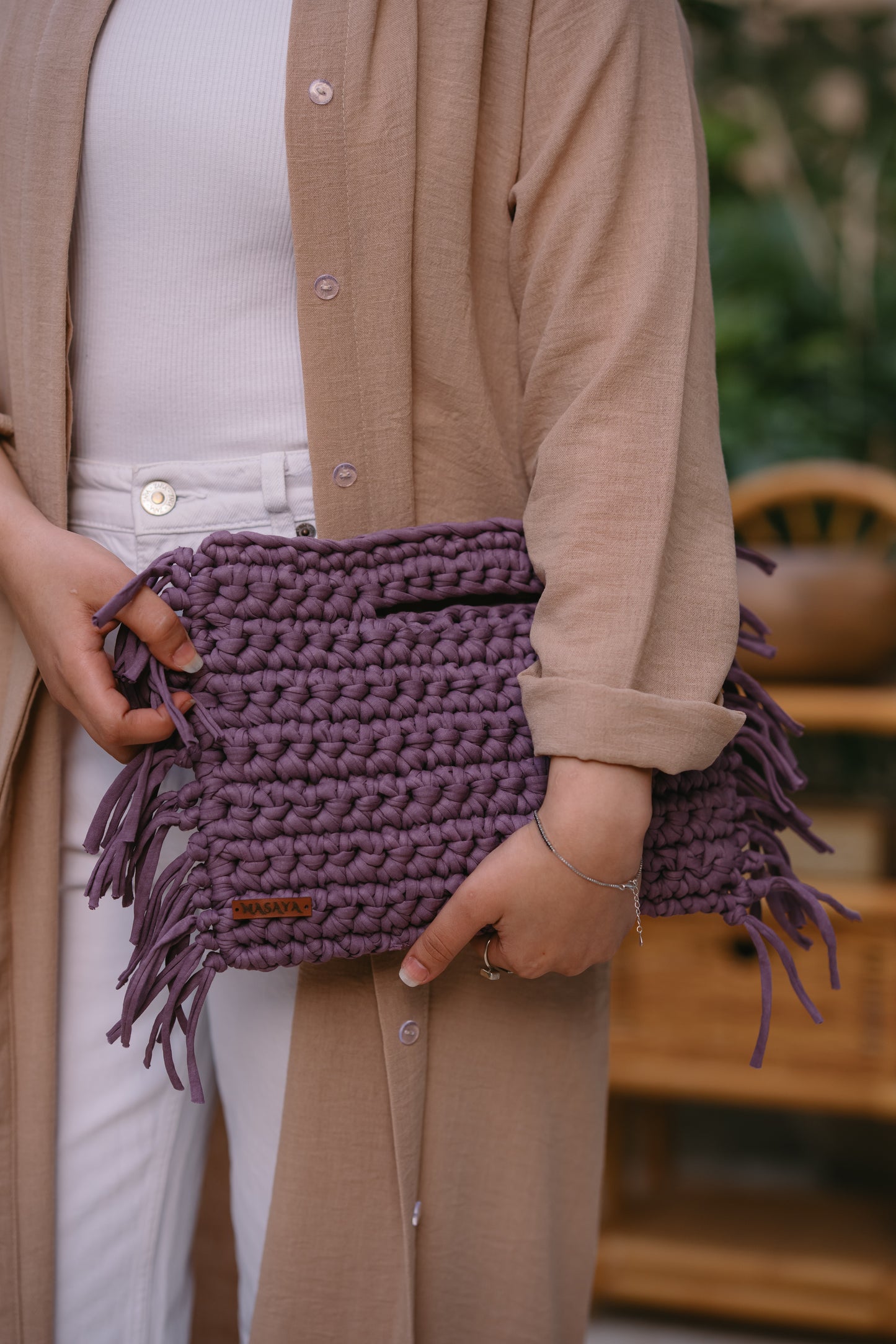 NASAYA Purple Crochet Fringe Clutch Bag