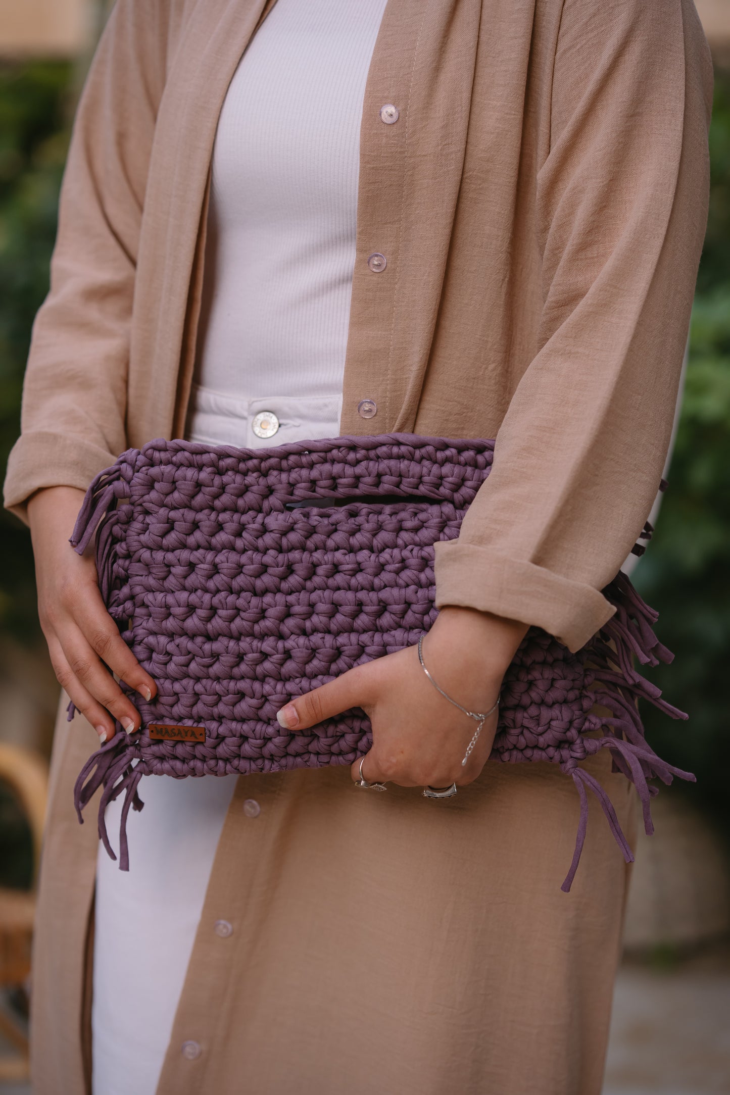 NASAYA Purple Crochet Fringe Clutch Bag