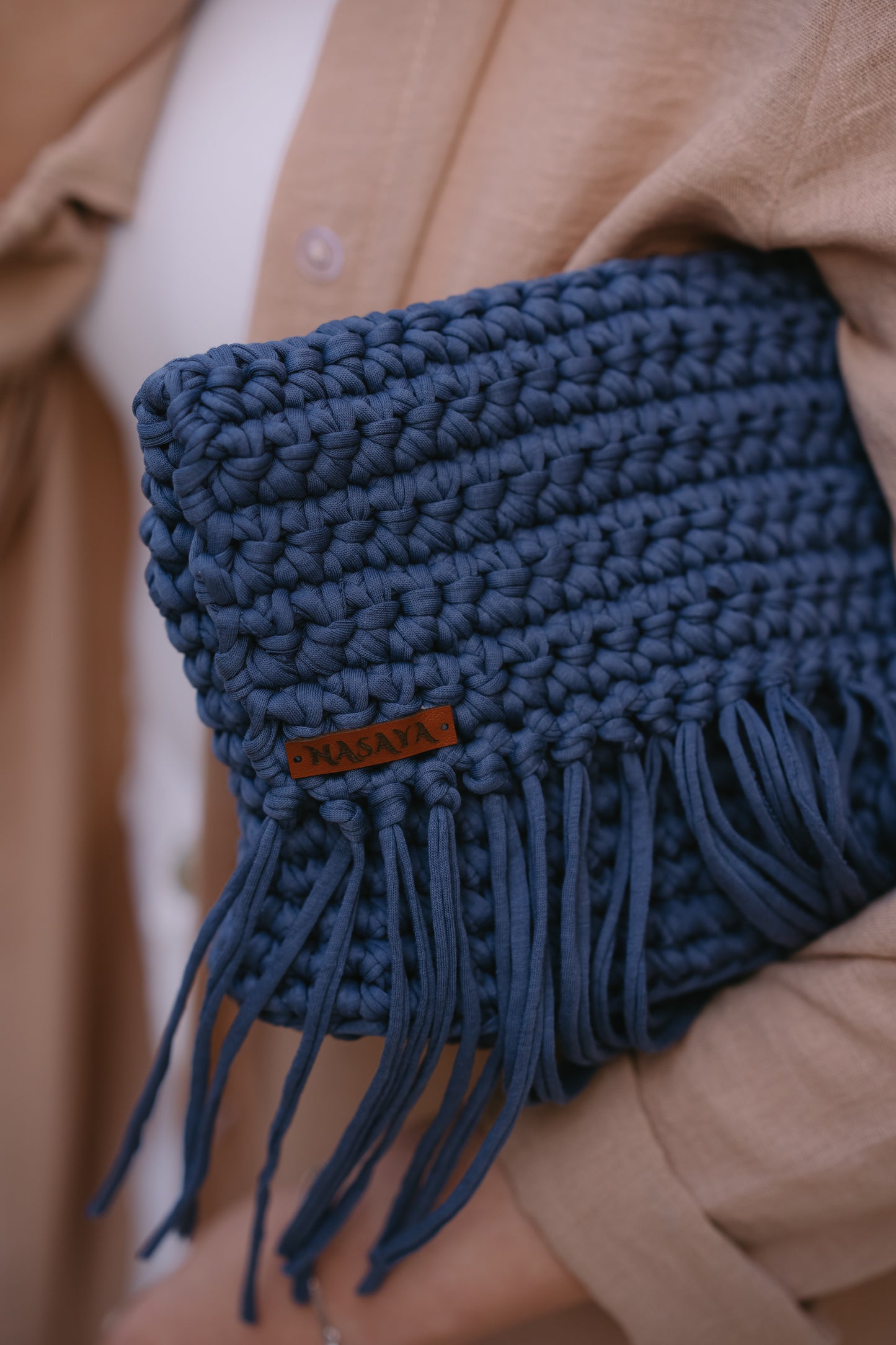 NASAYA Blue Crochet Fringe Clutch