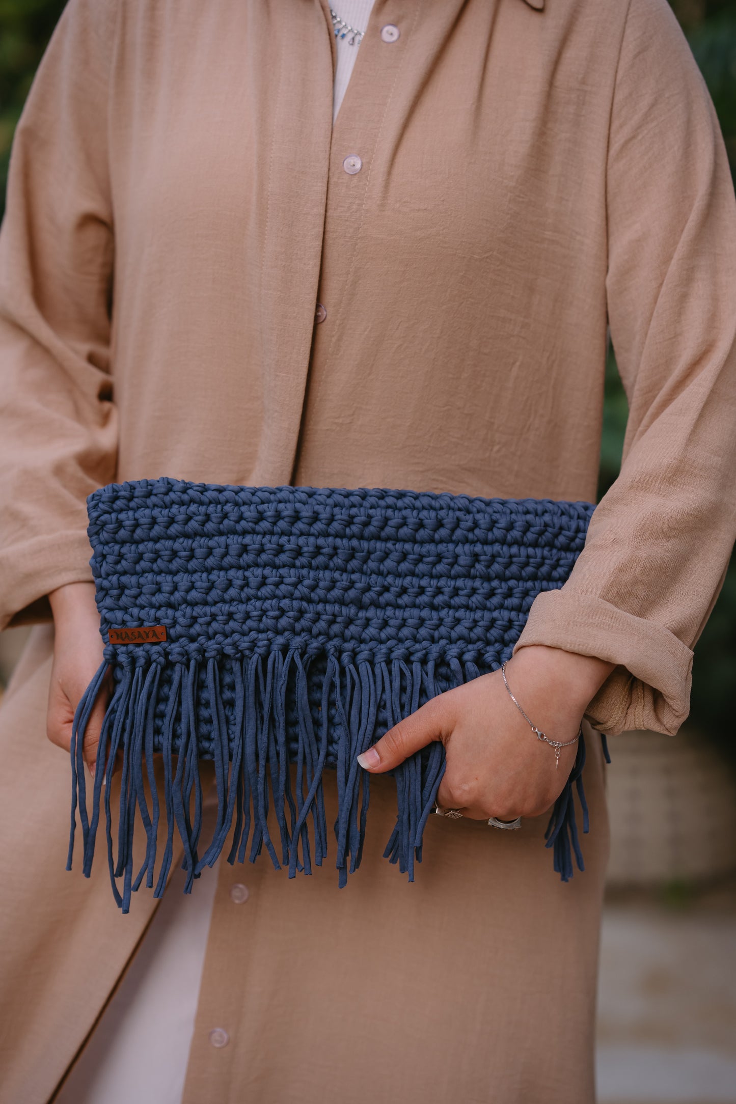 NASAYA Blue Crochet Fringe Clutch