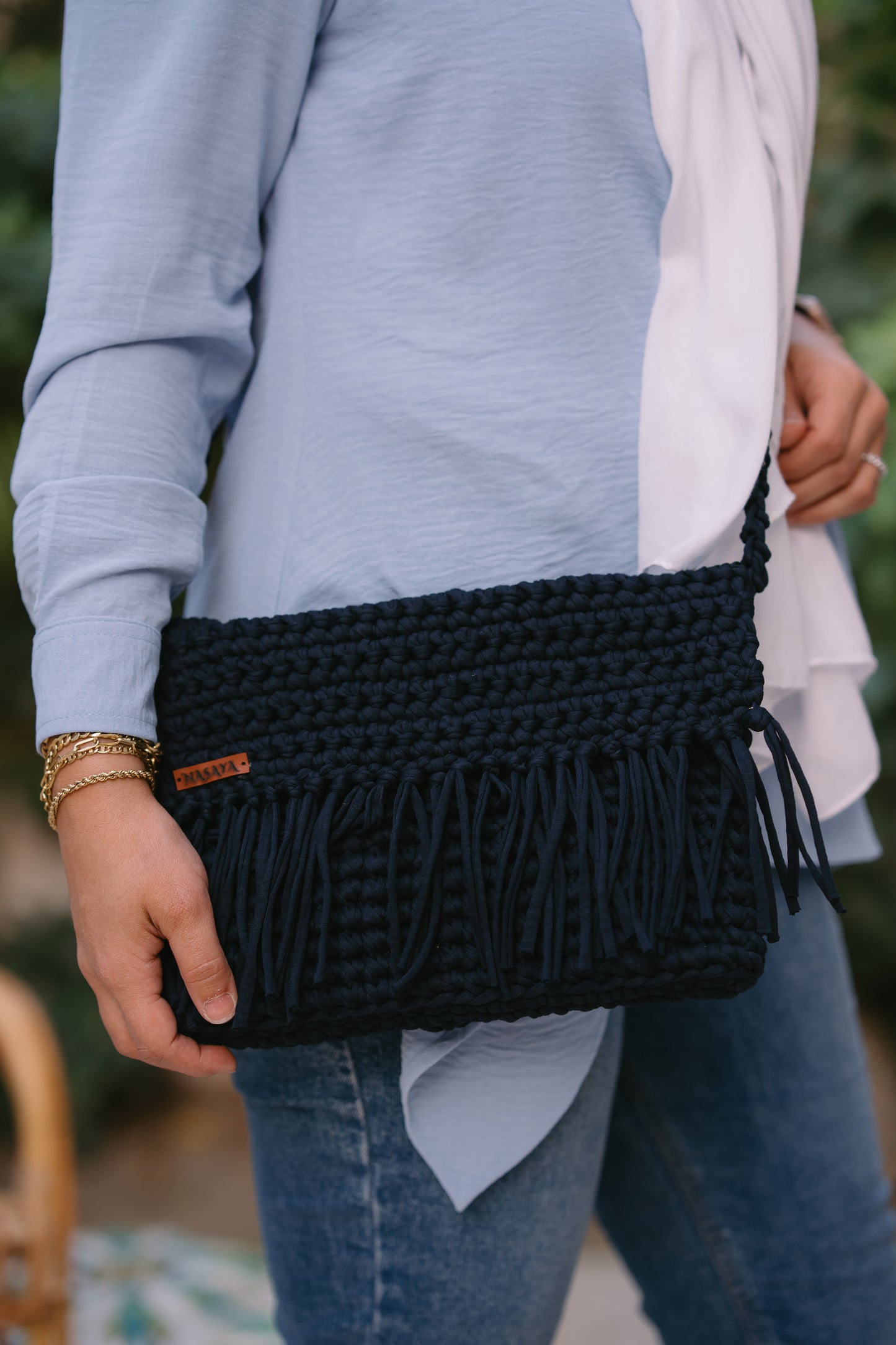 NASAYA Navy Crochet Fringe Crossbody Bag