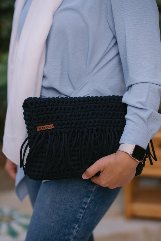 NASAYA Navy Crochet Fringe Crossbody Bag