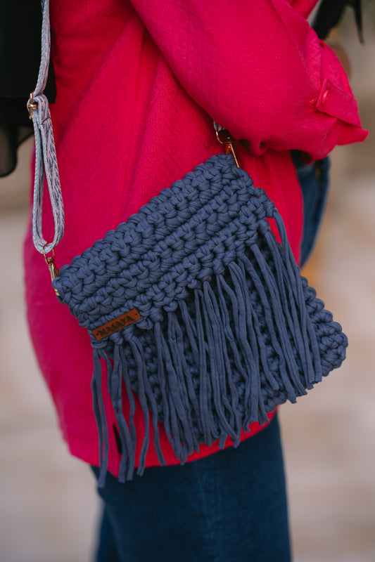 NASAYA Blue Crochet Fringe Crossbody Bag with Patterned Strap