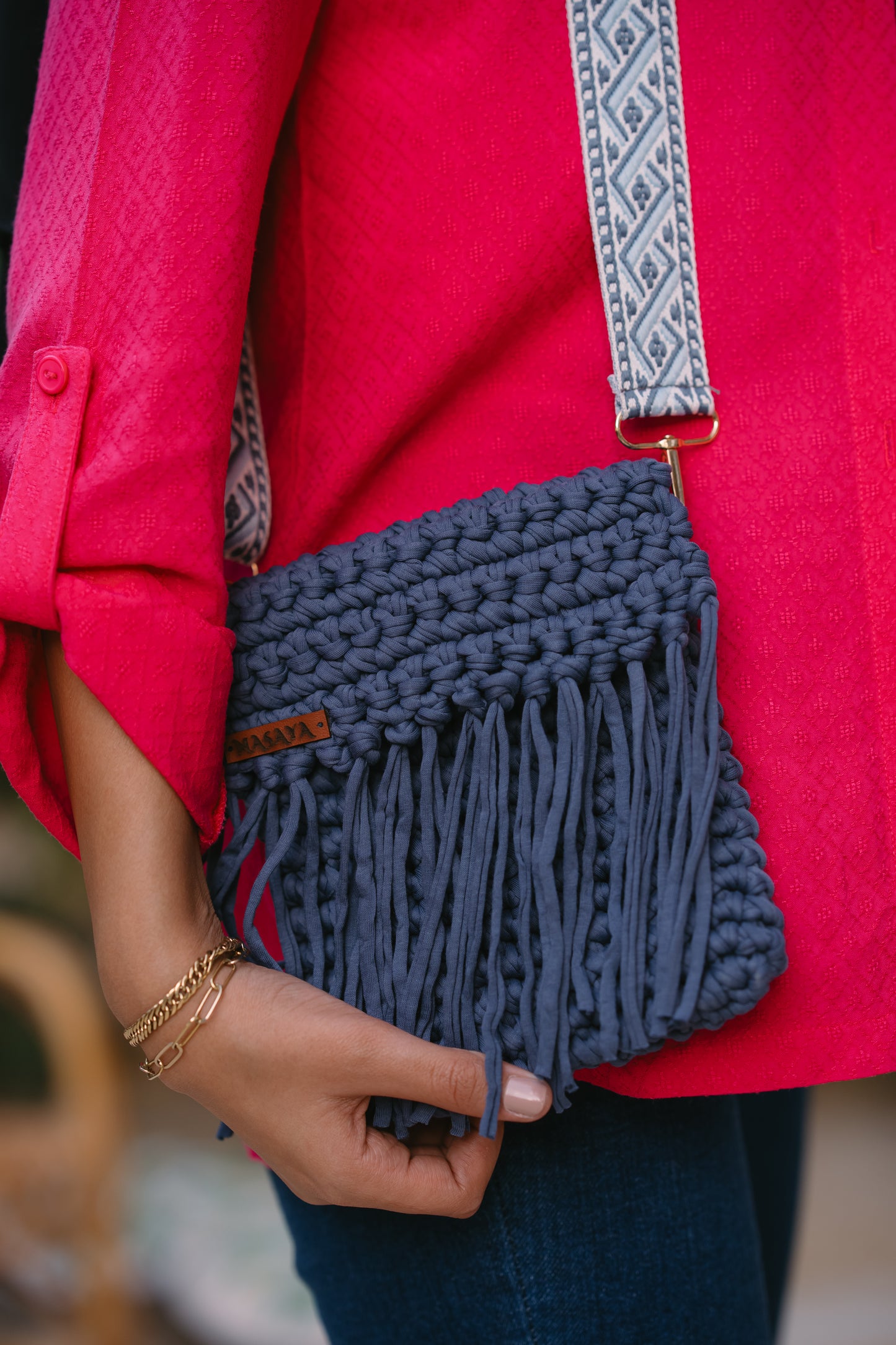 NASAYA Blue Crochet Fringe Crossbody Bag with Patterned Strap