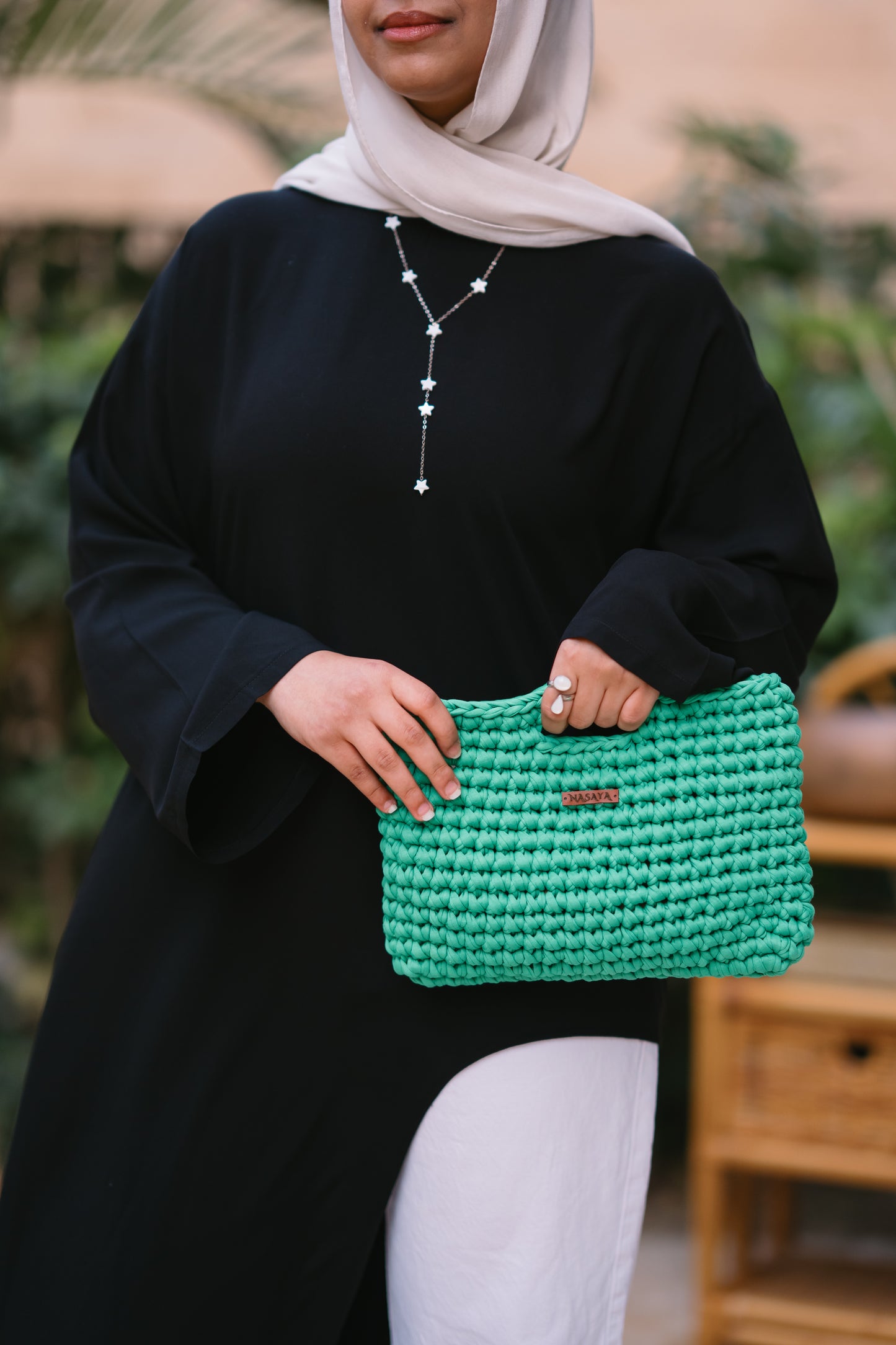 NASAYA Green Crochet Fringe Clutch Bag