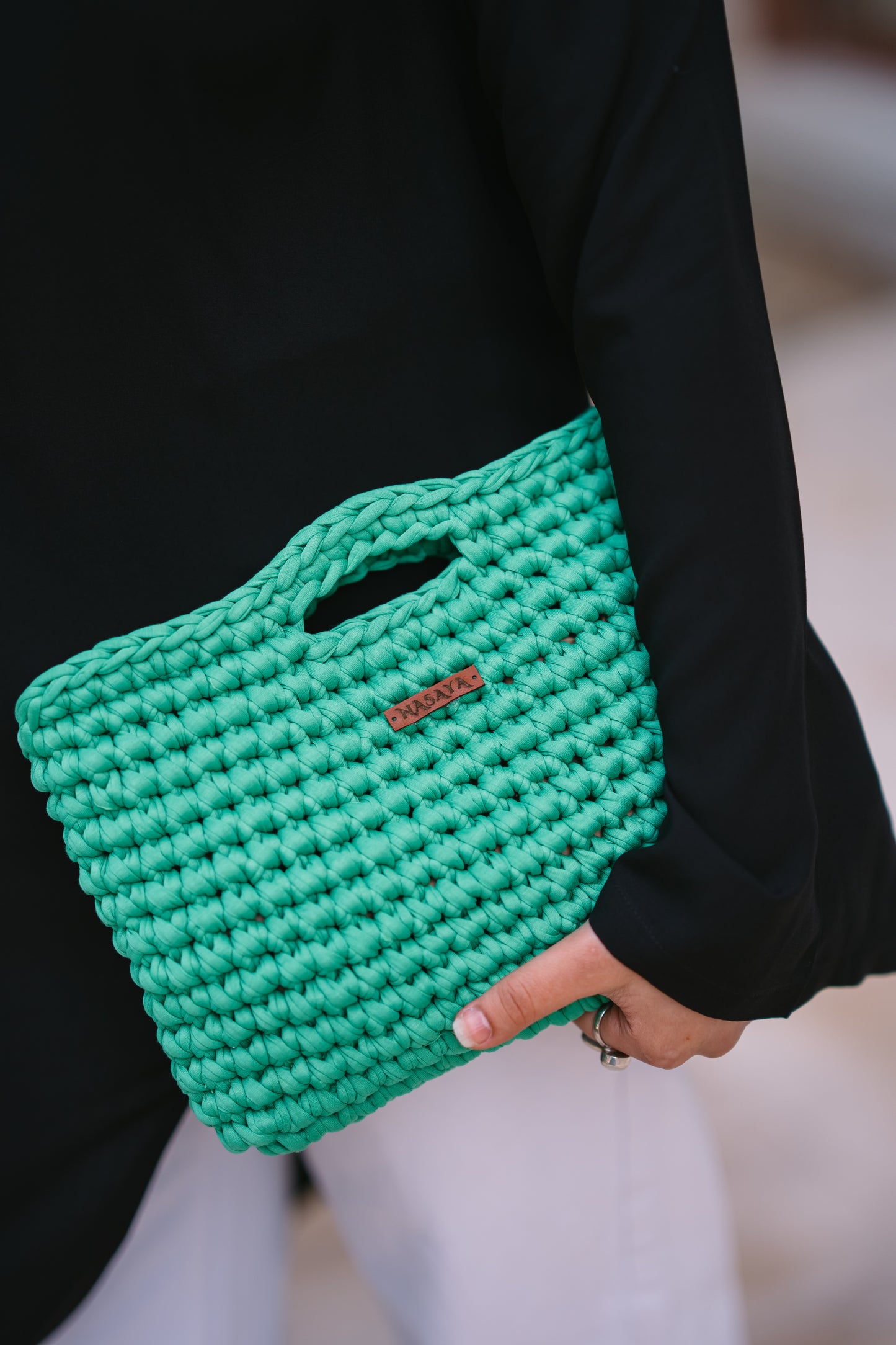 NASAYA Green Crochet Fringe Clutch Bag