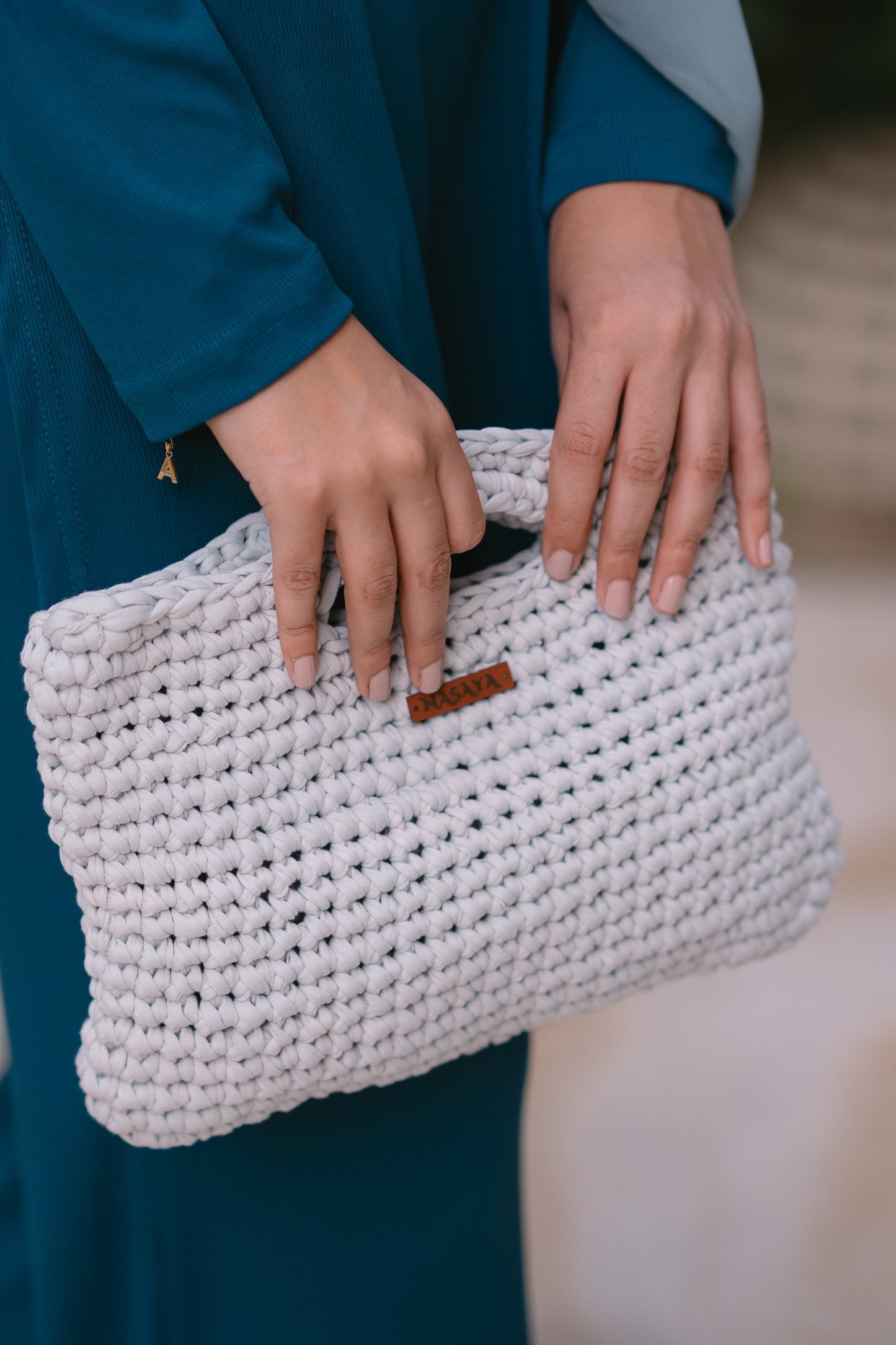 NASAYA Light Grey Crochet Fringe Clutch Bag