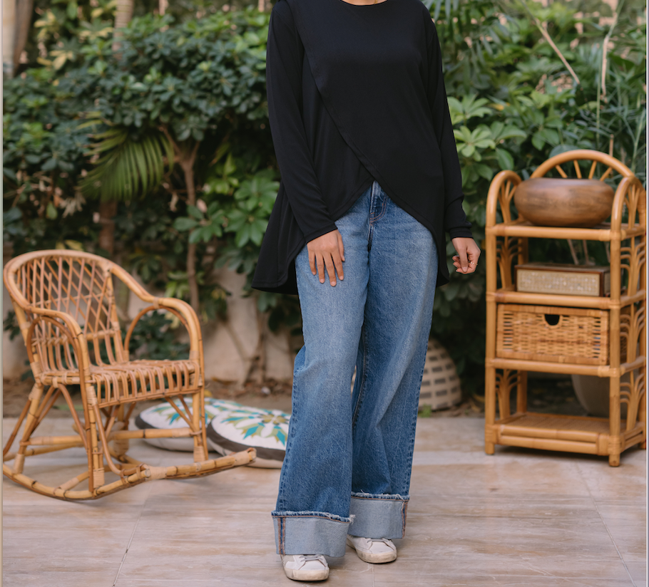 Nasaya soft breeze black ribbed blouse